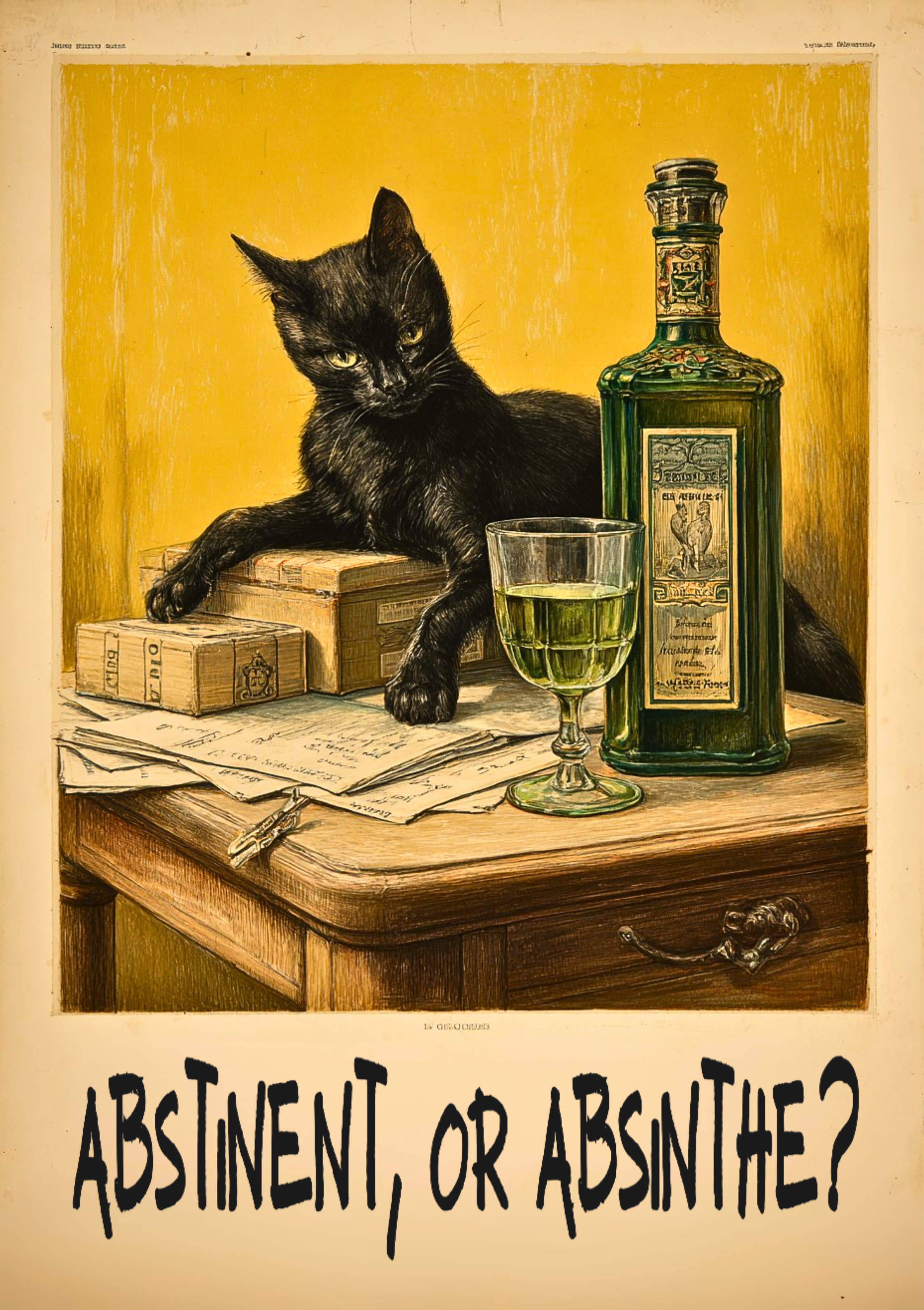 Retro vintage poster of black cat with absinthe bottle and witty text