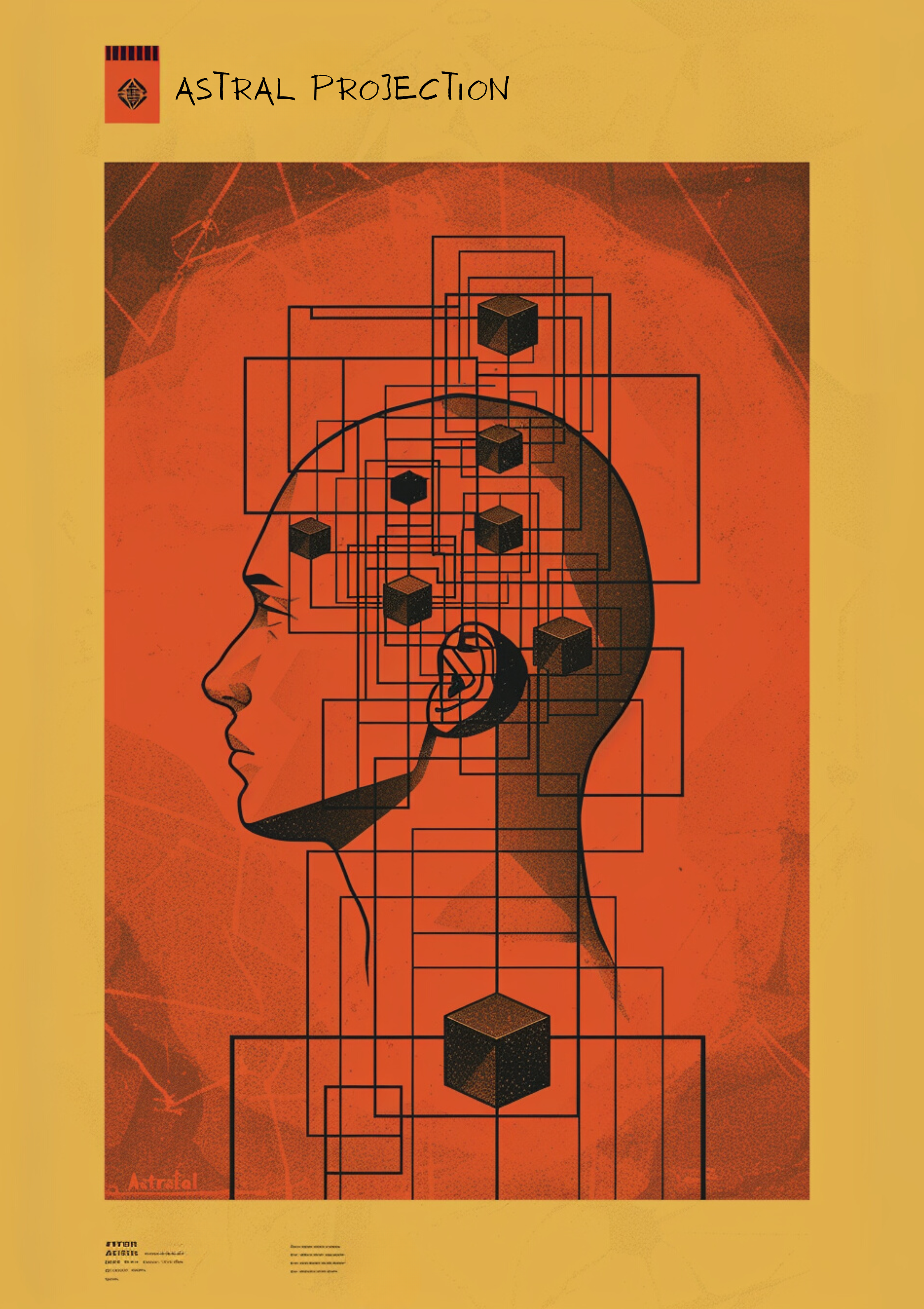 Retro psychedelic poster of human head with geometric cubes and patterns