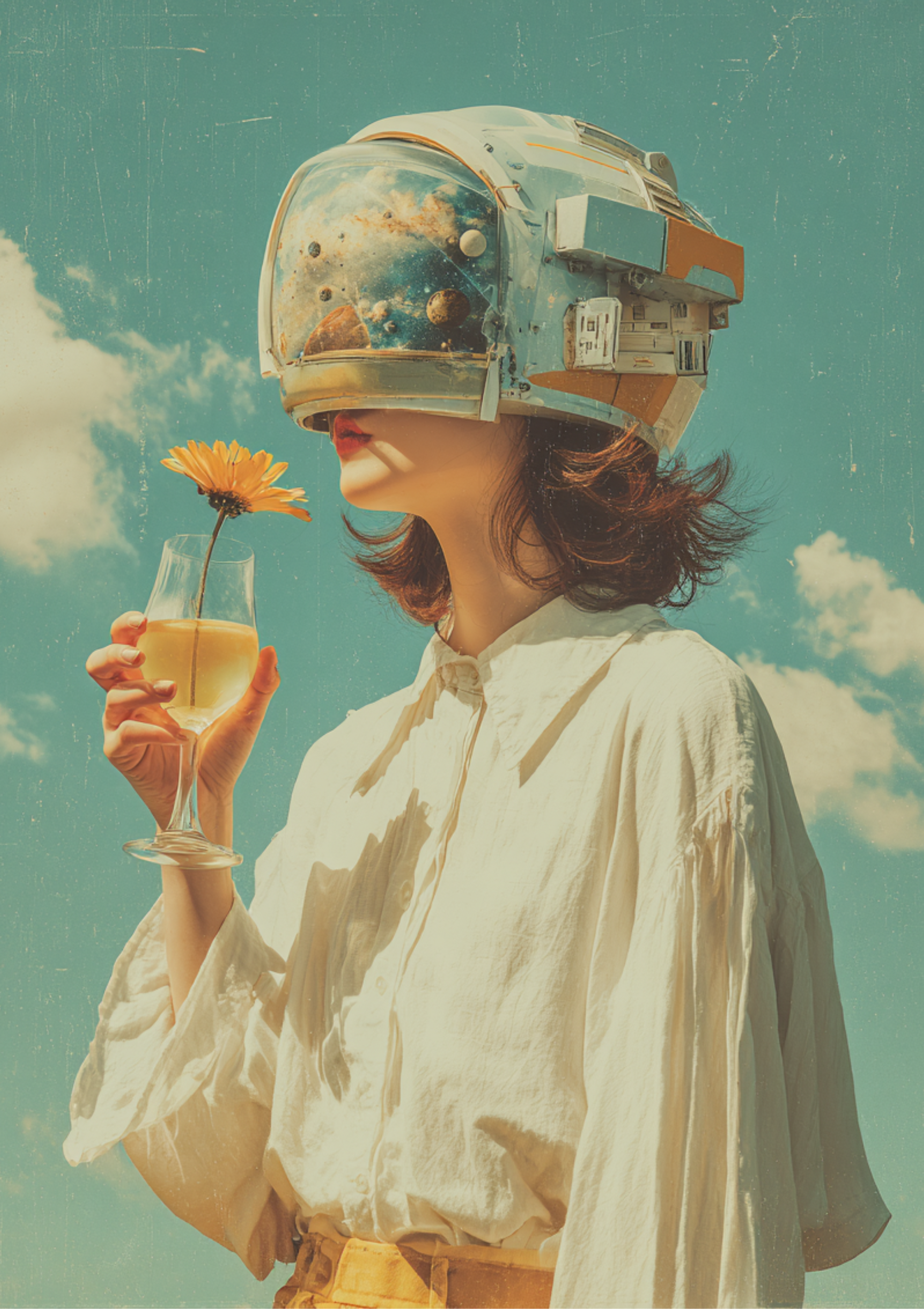 Surreal retro poster of astronaut helmet woman holding flower in glass