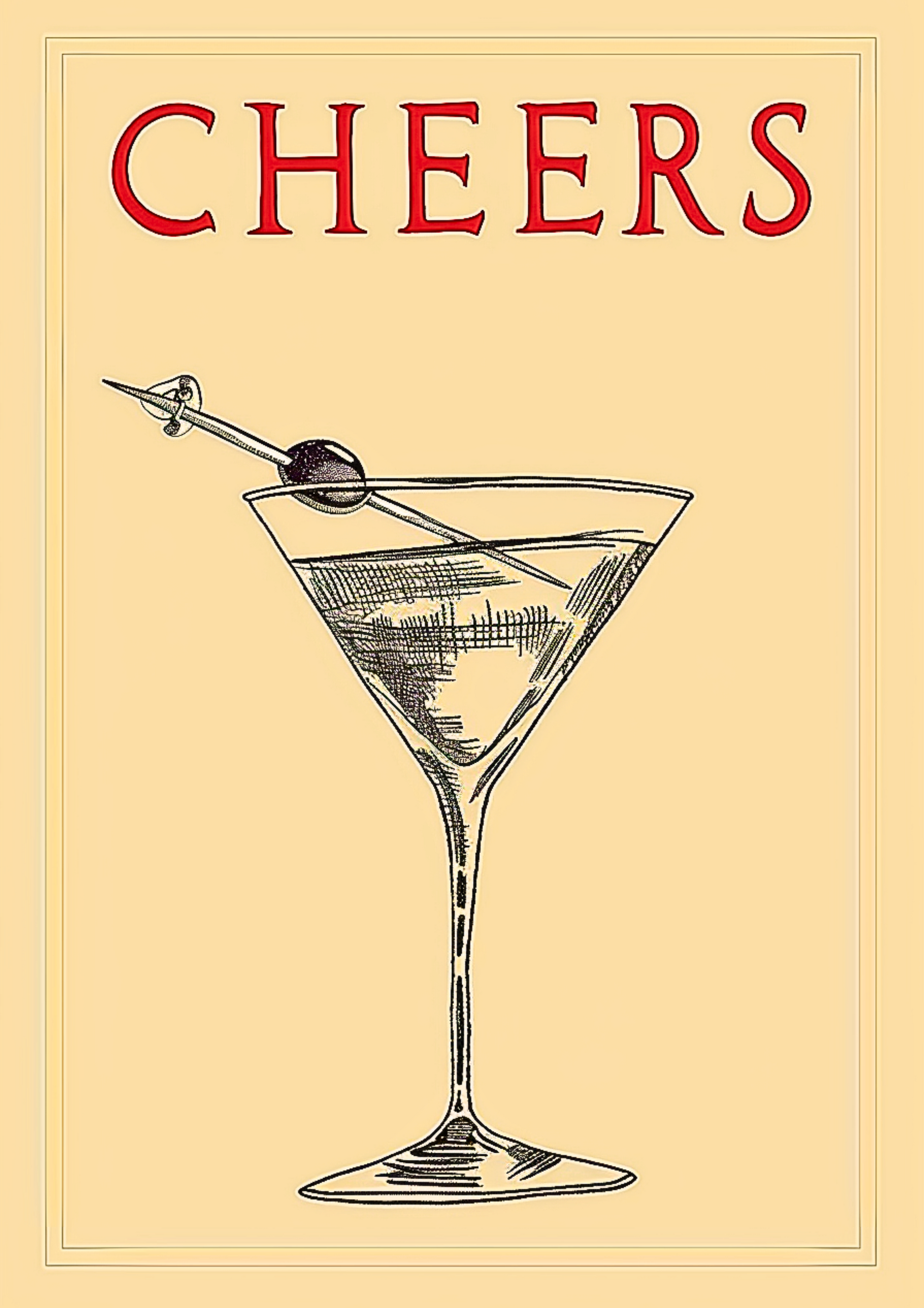 Retro cocktail poster with martini glass and olive under Cheers text