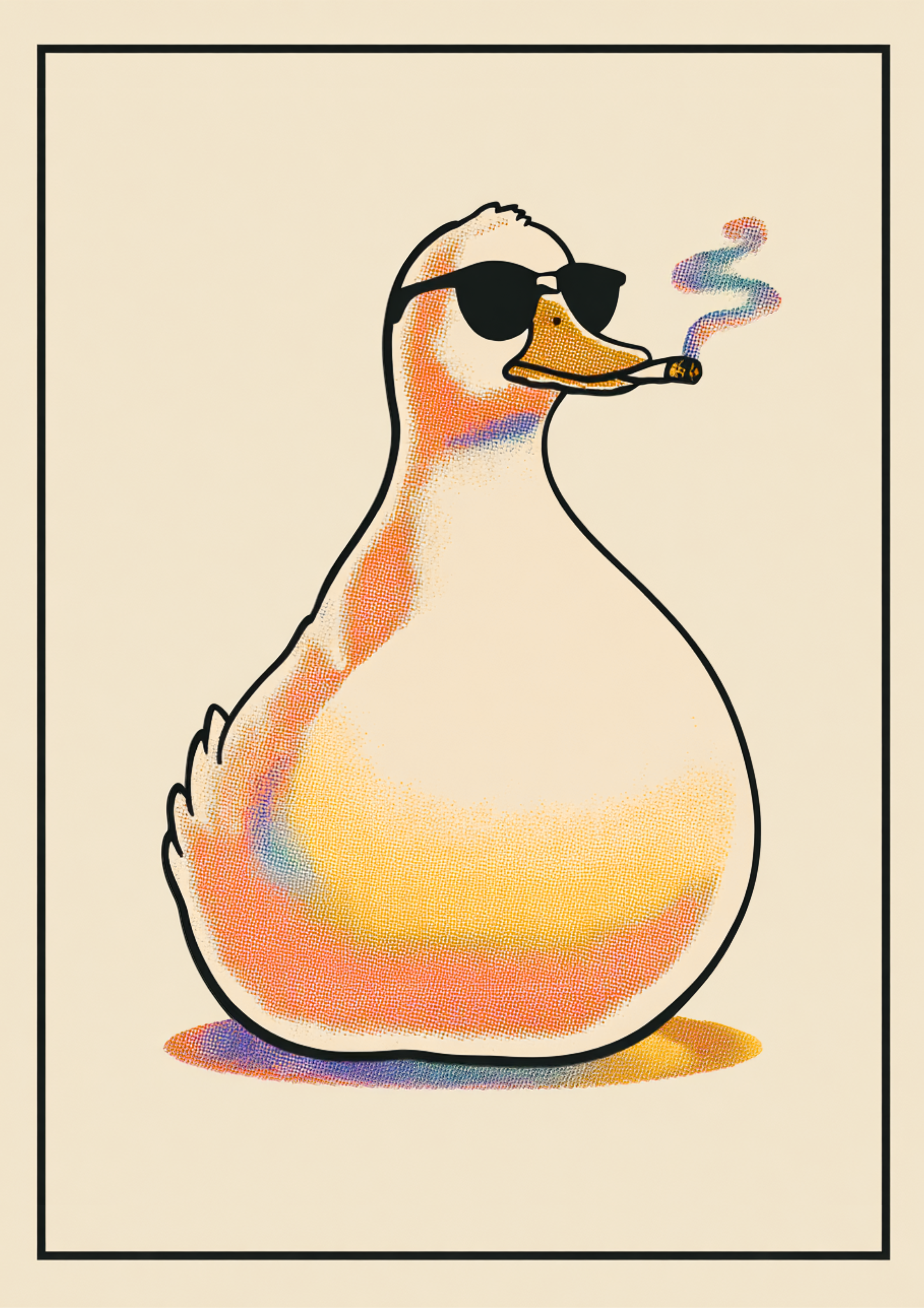 Retro pop art poster of duck in sunglasses smoking cigarette