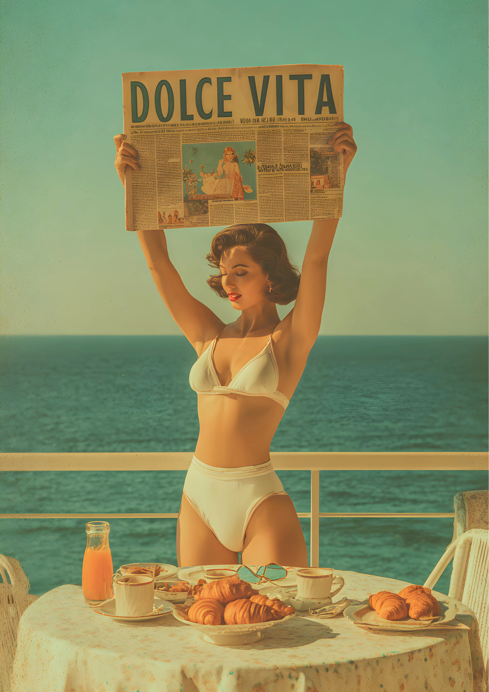 Retro artwork of woman in bikini holding Dolce Vita newspaper on seaside balcony with breakfast table