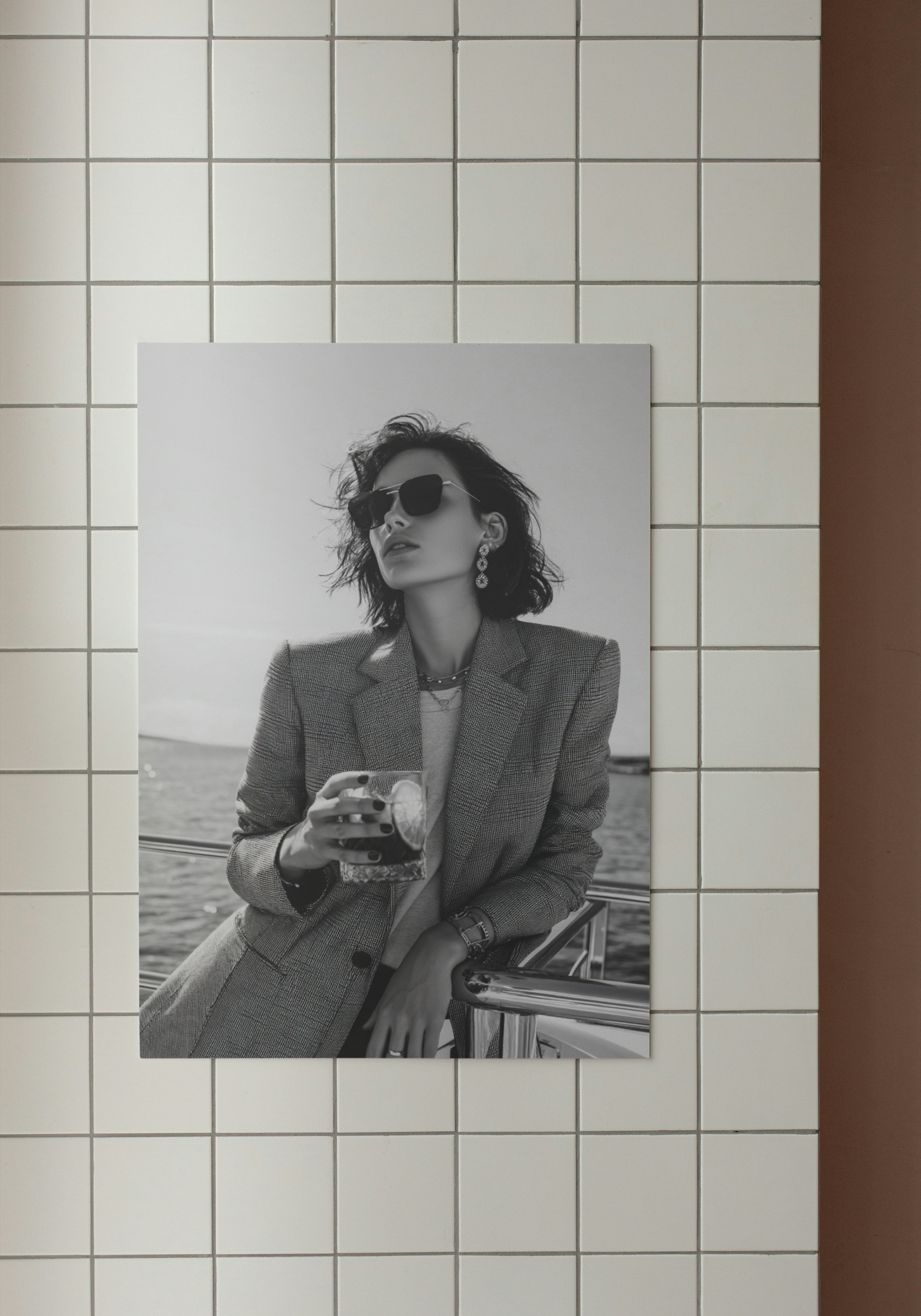 Elegant Yacht Woman – Black & White Retro Print