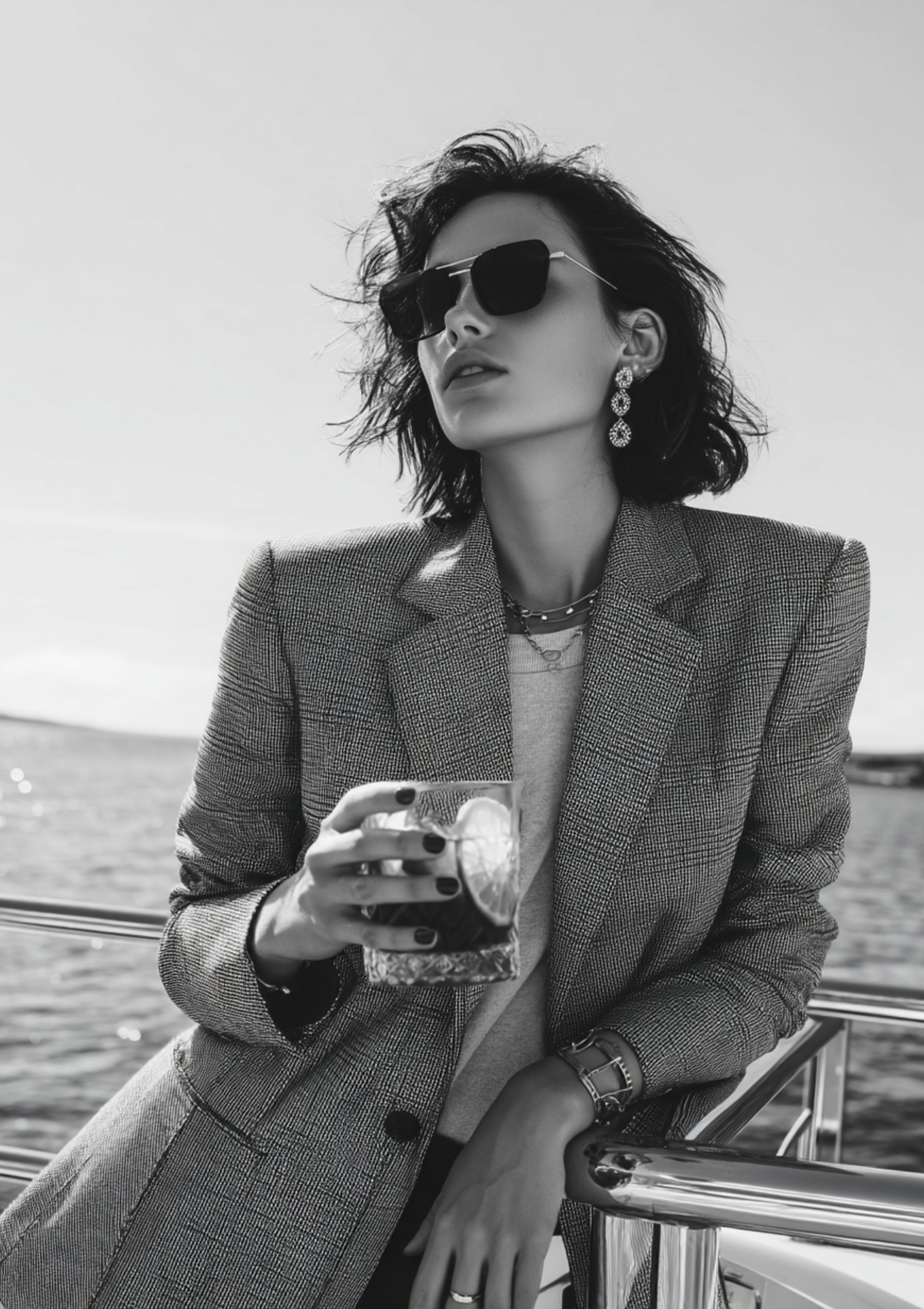 Black and white retro poster of elegant woman on yacht with drink