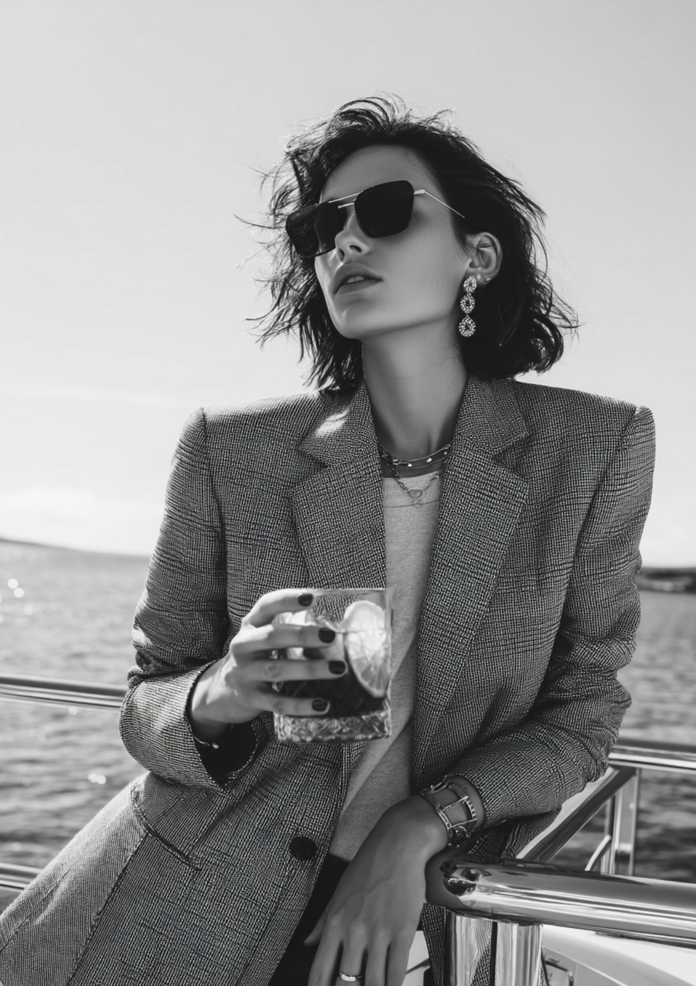 Black and white retro poster of elegant woman on yacht with drink