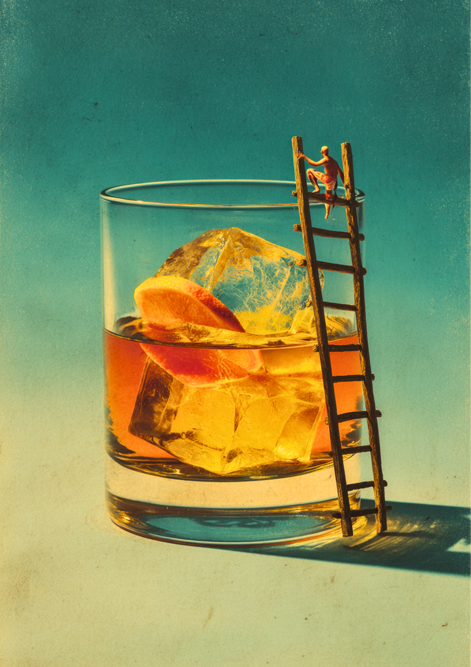 Retro artwork of a man climbing a ladder into a cocktail glass with ice and orange slice