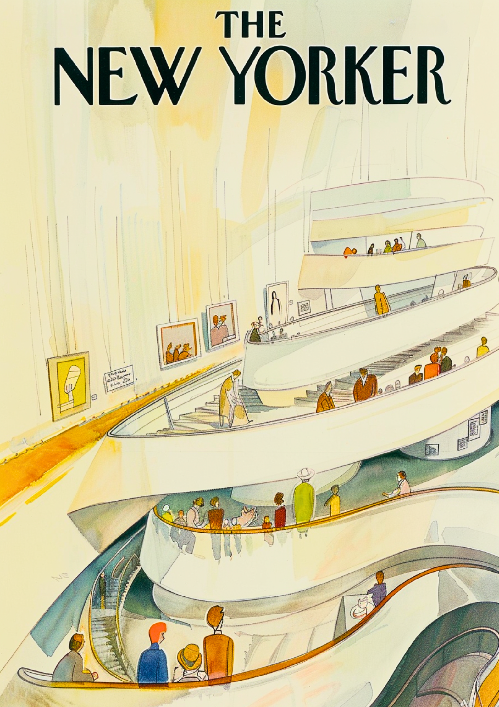 Retro artwork of New Yorker magazine cover with people walking inside Guggenheim Museum spiral ramps