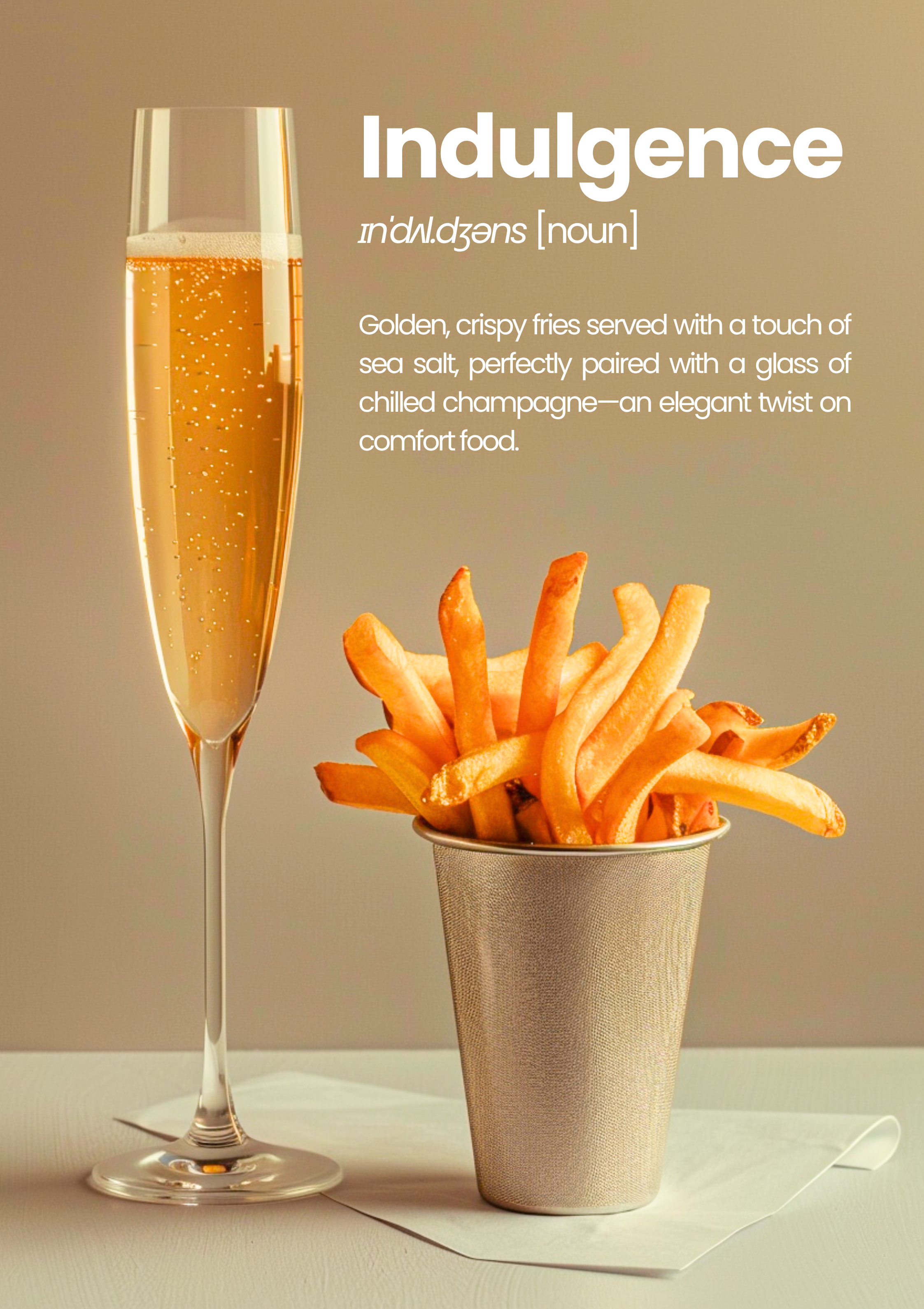Indulgence poster with champagne glass and fries illustration