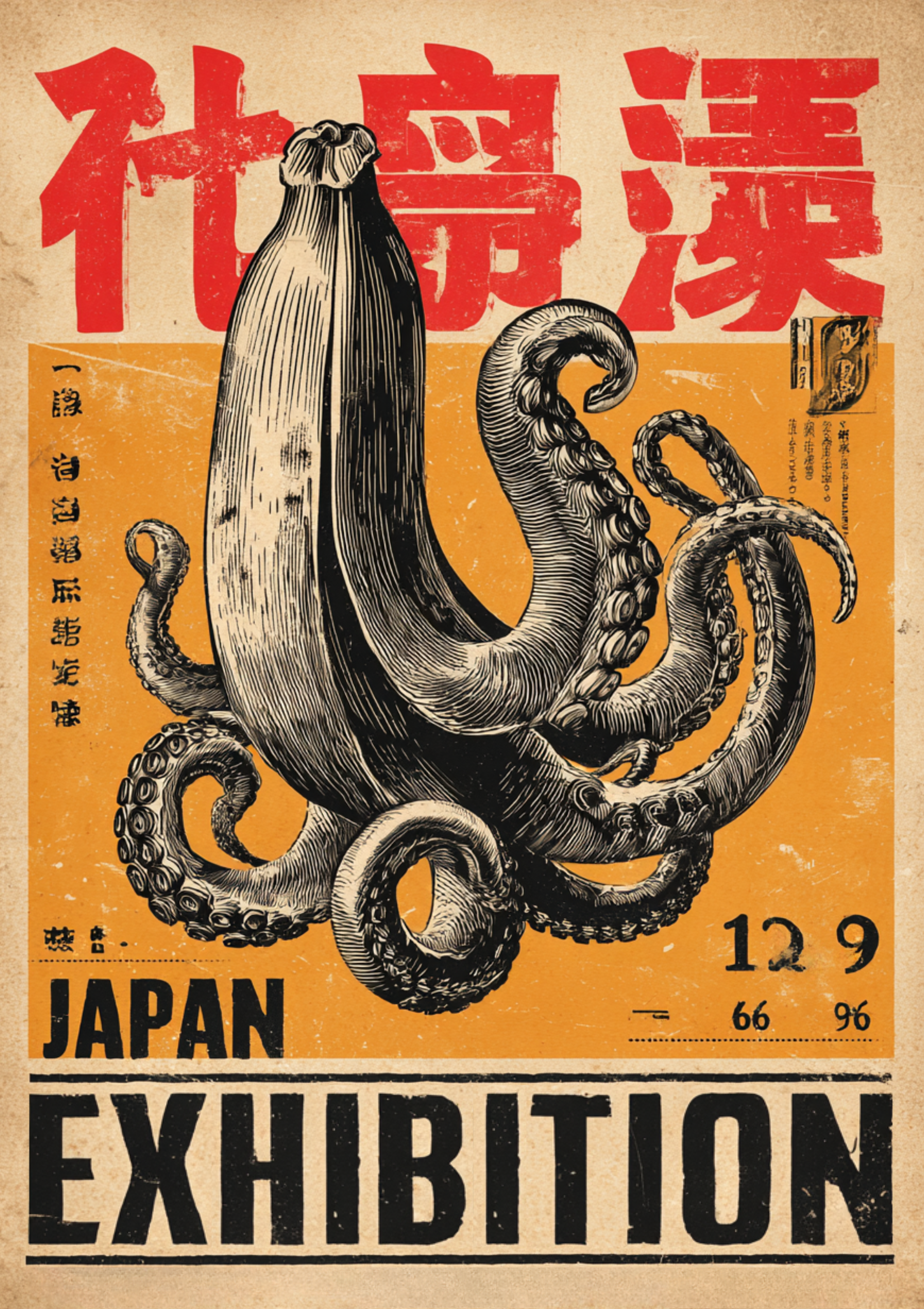 Retro Japanese exhibition poster with octopus illustration in orange and red