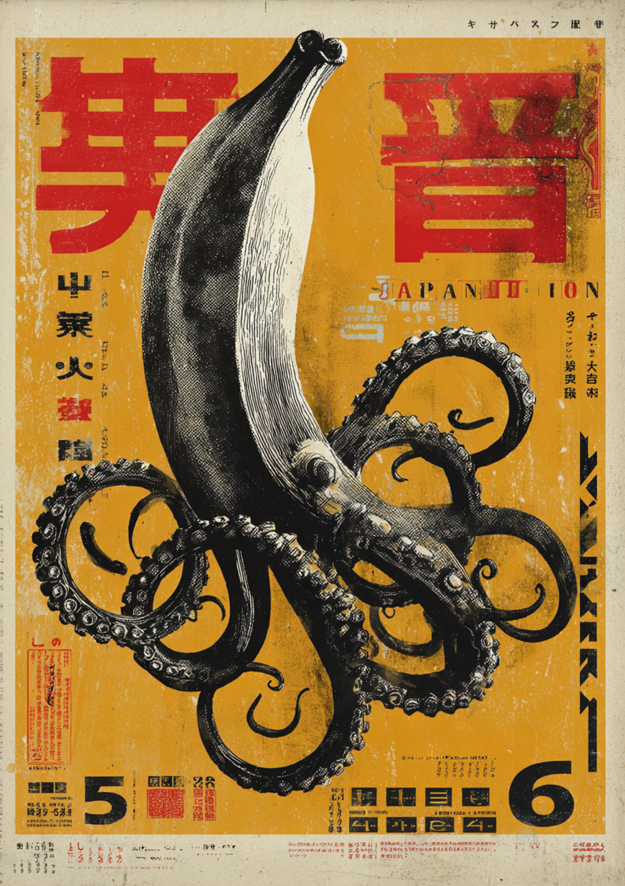 Vintage Japanese exhibition poster with octopus illustration in orange