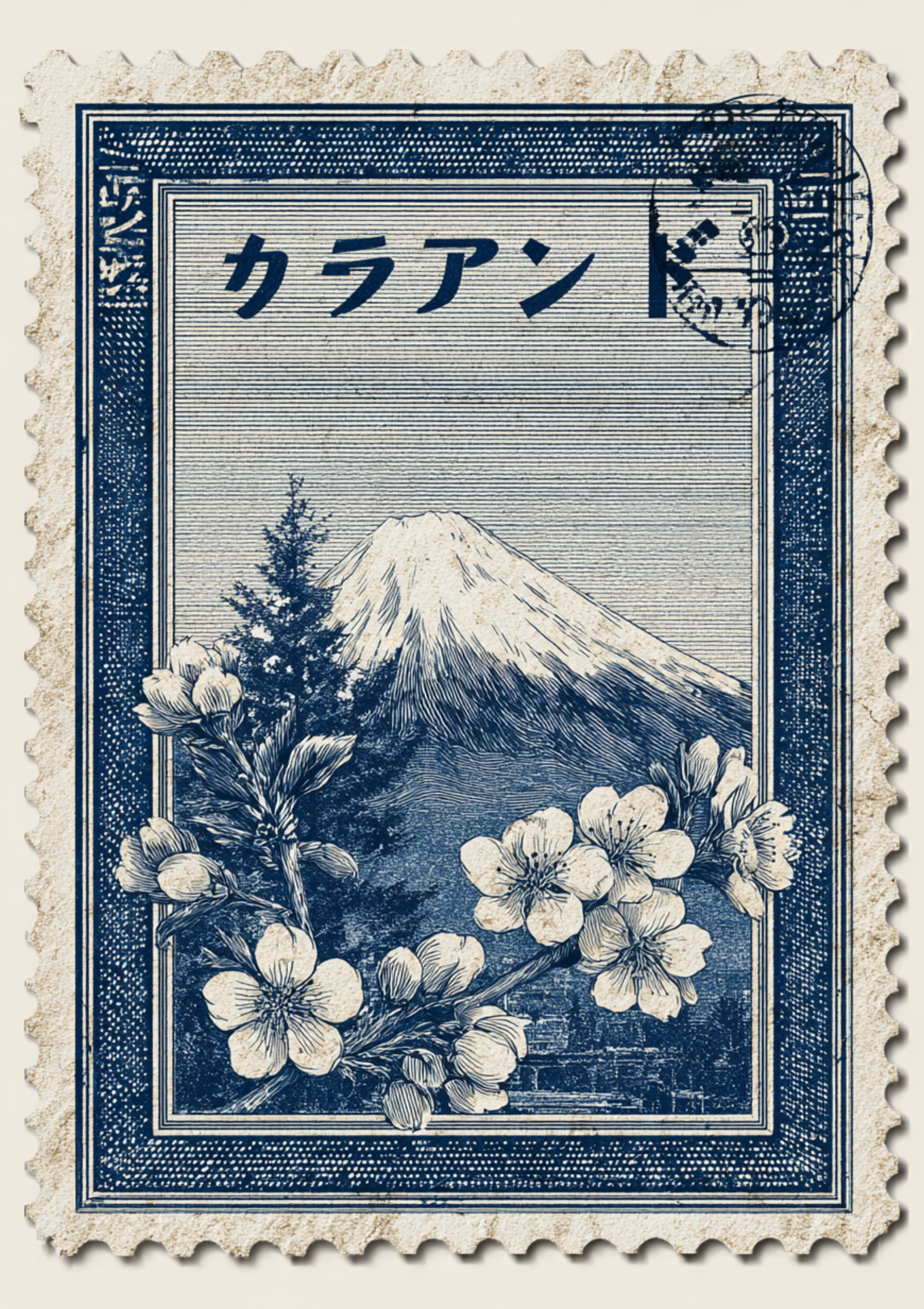 Retro Japanese stamp poster with Mount Fuji and sakura blossoms
