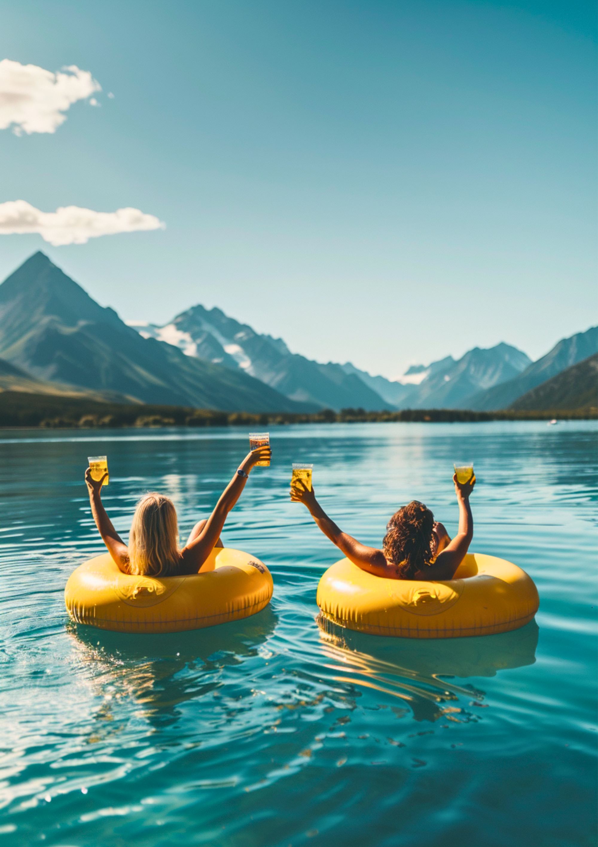 Two friends on yellow floats raising drinks on a lake with mountains
