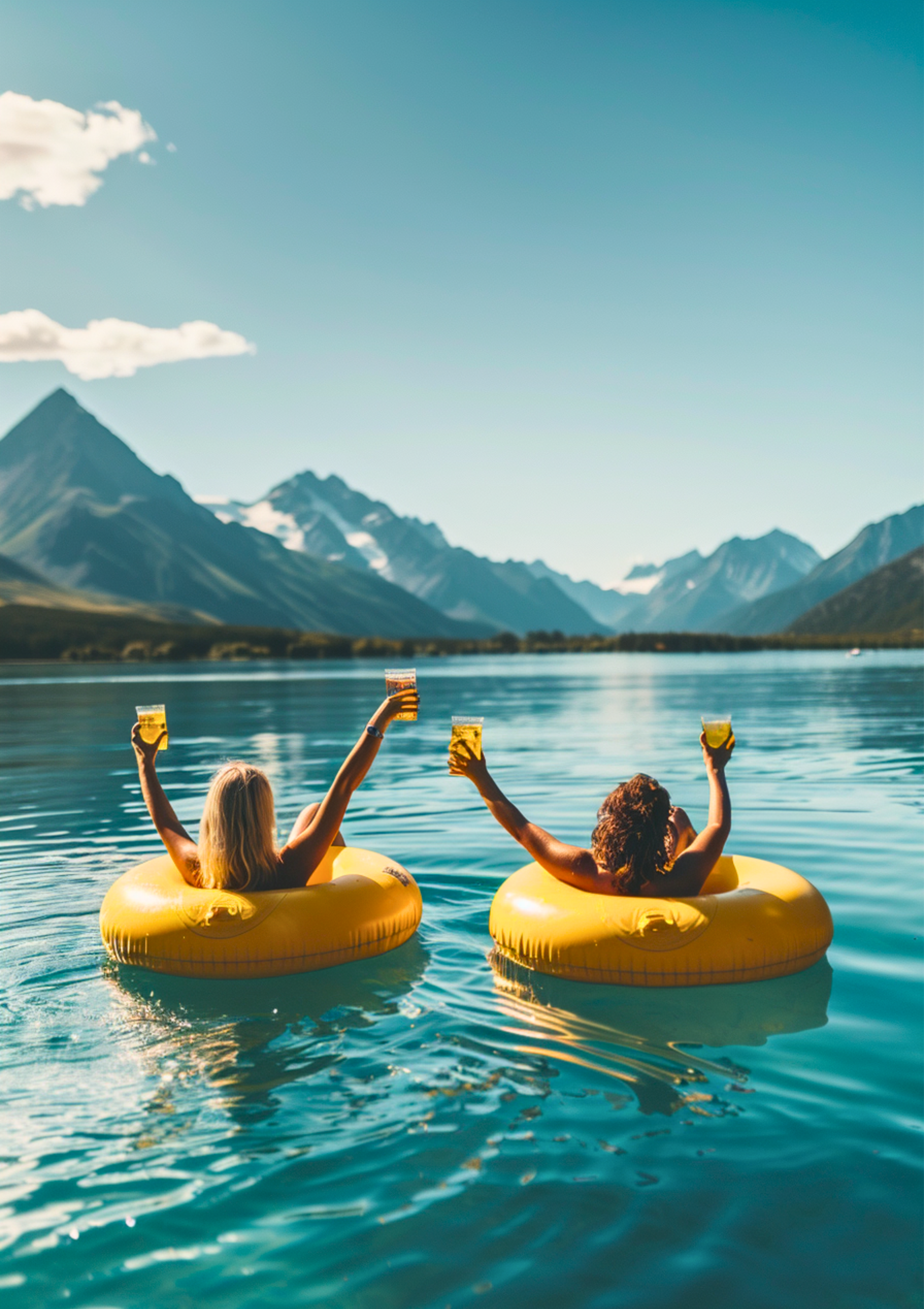 Two friends on yellow floats raising drinks on a lake with mountains