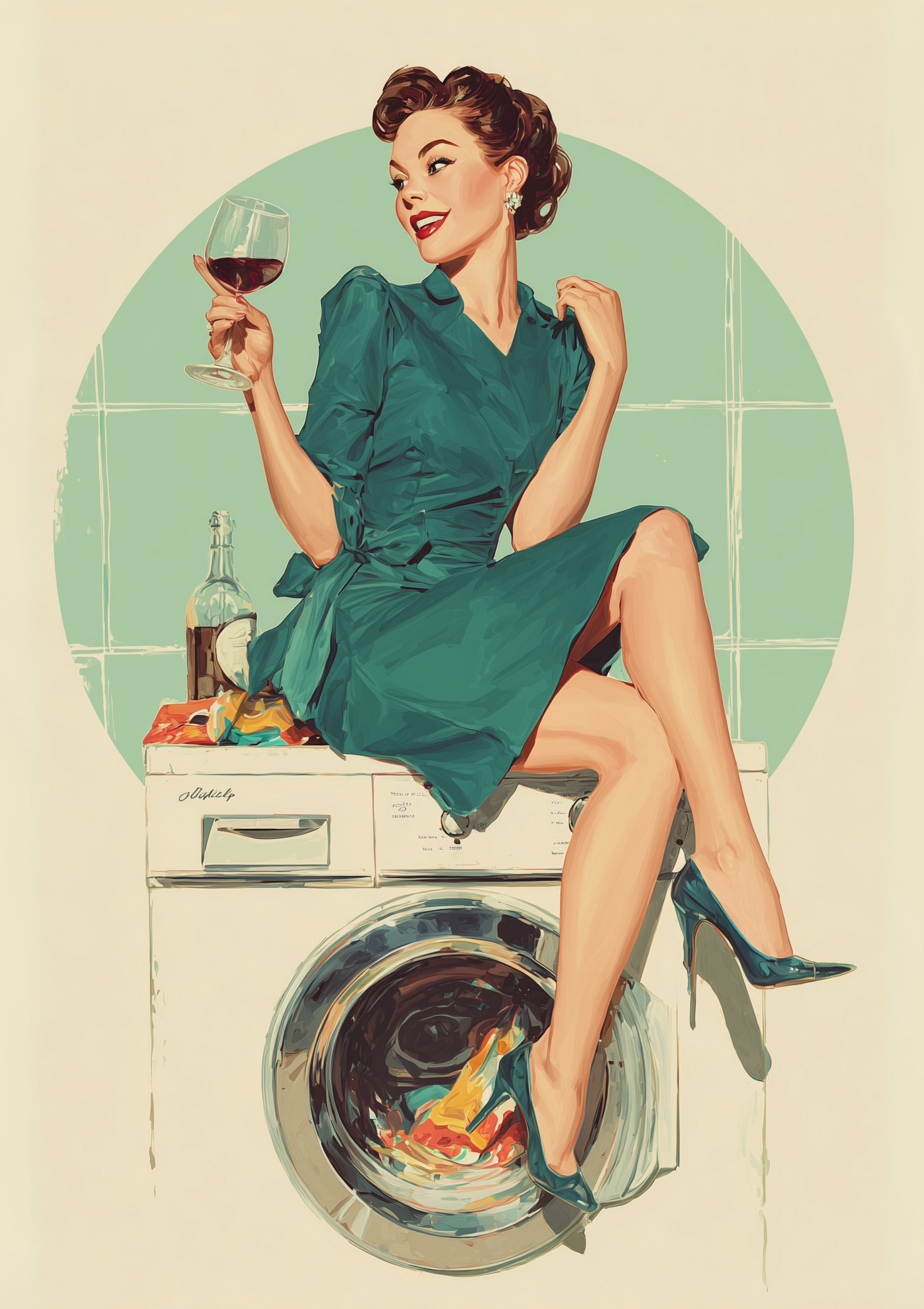 Retro pin-up woman in teal dress with wine glass sitting on washing machine