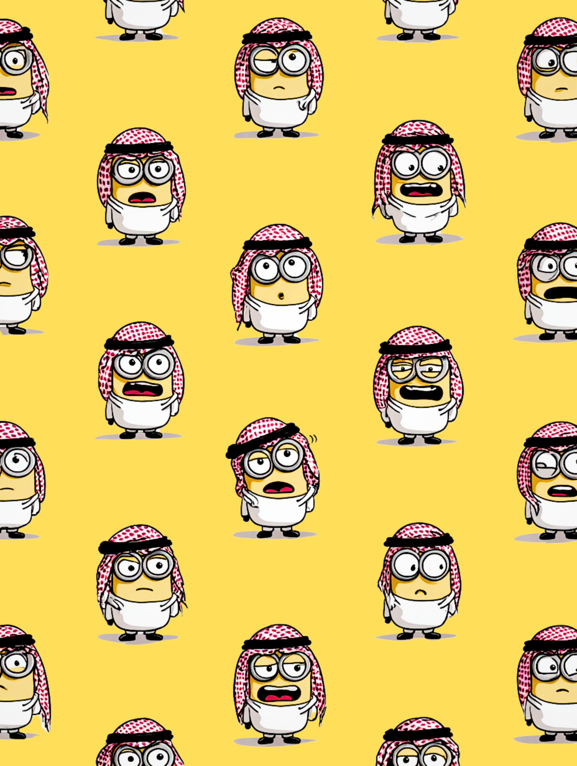 Minions wearing shemagh headscarves on a yellow background – Arabic pop art poster