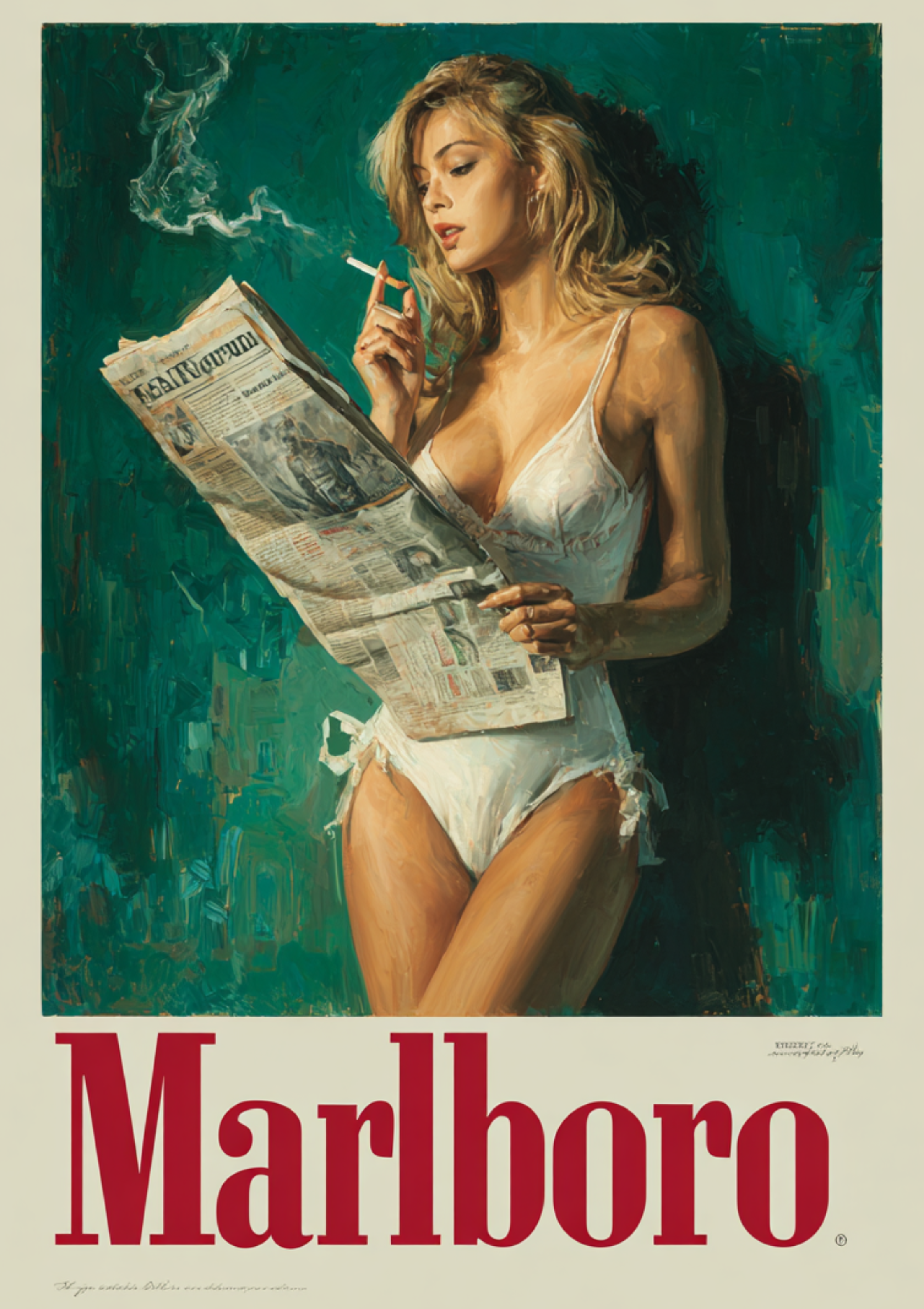 Retro Marlboro poster of woman smoking and reading newspaper in vintage style
