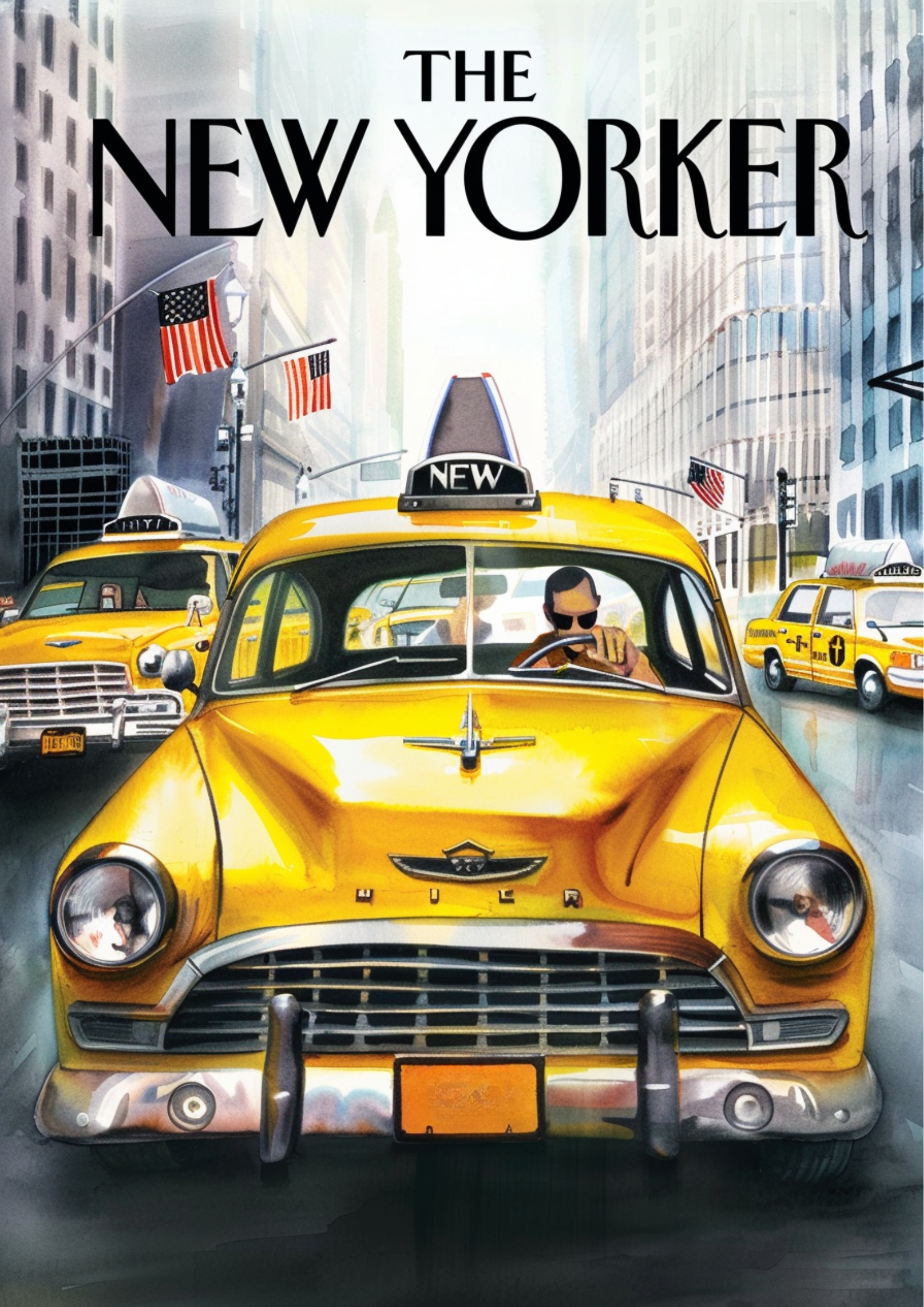 Retro New Yorker magazine cover illustration of yellow taxi cabs in New York City streets