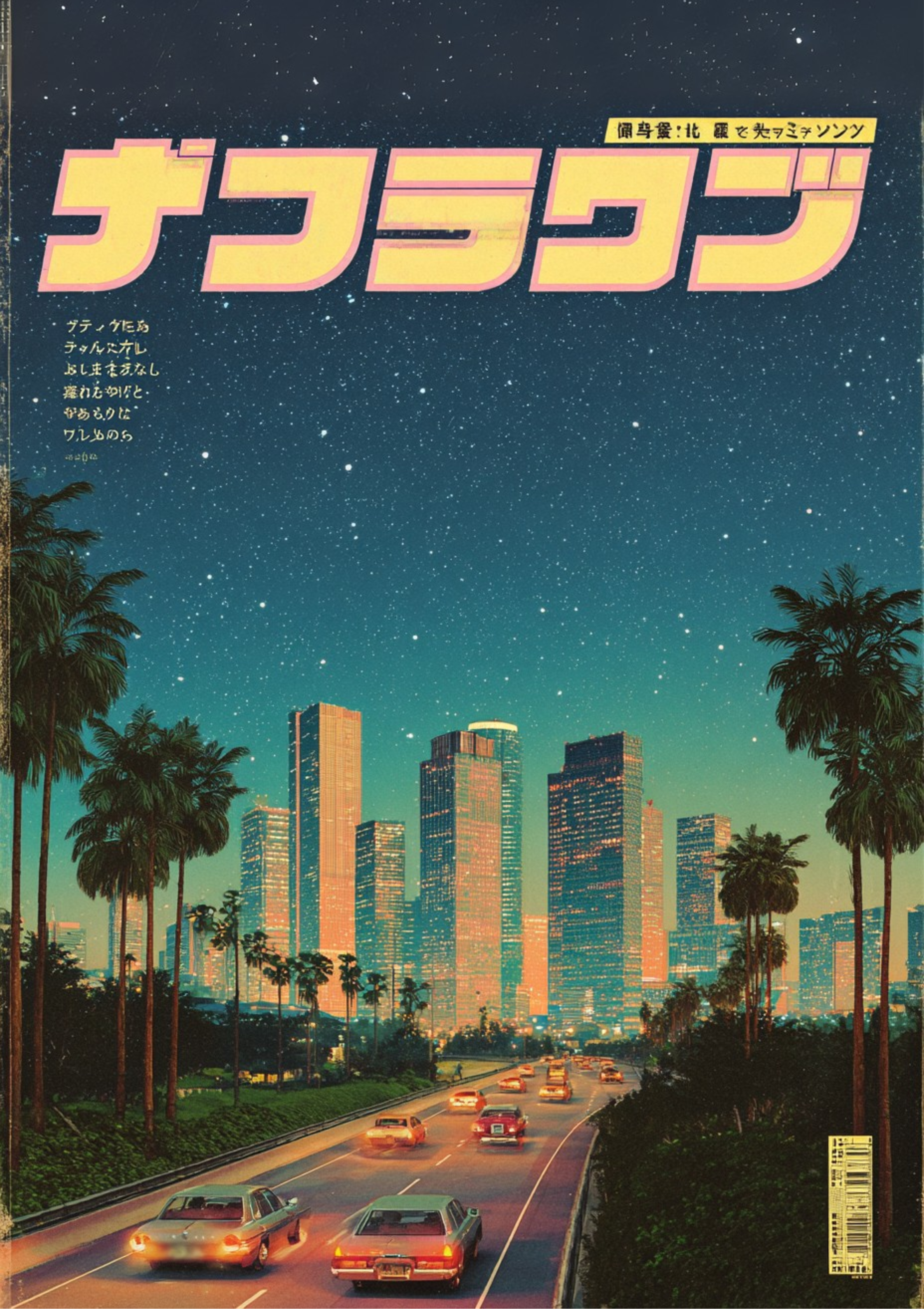 Retro Japanese poster of neon city skyline with cars and palm trees
