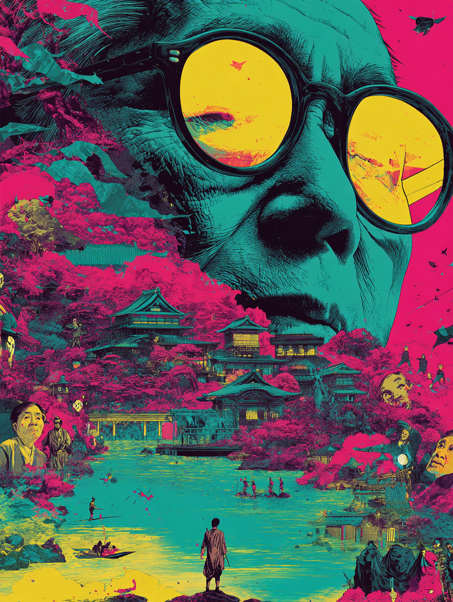Japanese pop art poster of an elderly man in glasses reflecting a yellow sky, set over a neon pink Edo village with surreal details and layered scenes
