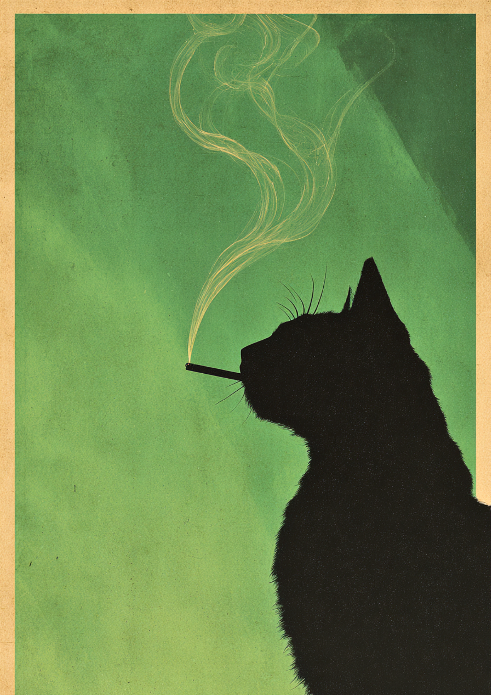 Retro artwork of a black cat silhouette smoking a cigarette on green background