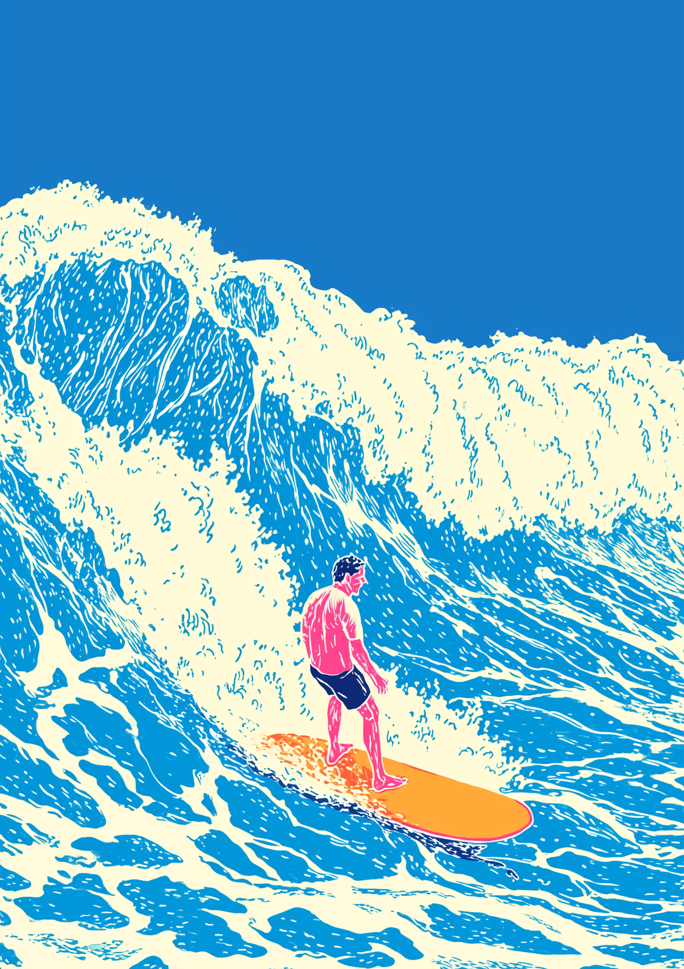 Retro poster of surfer riding a big ocean wave in vibrant colors