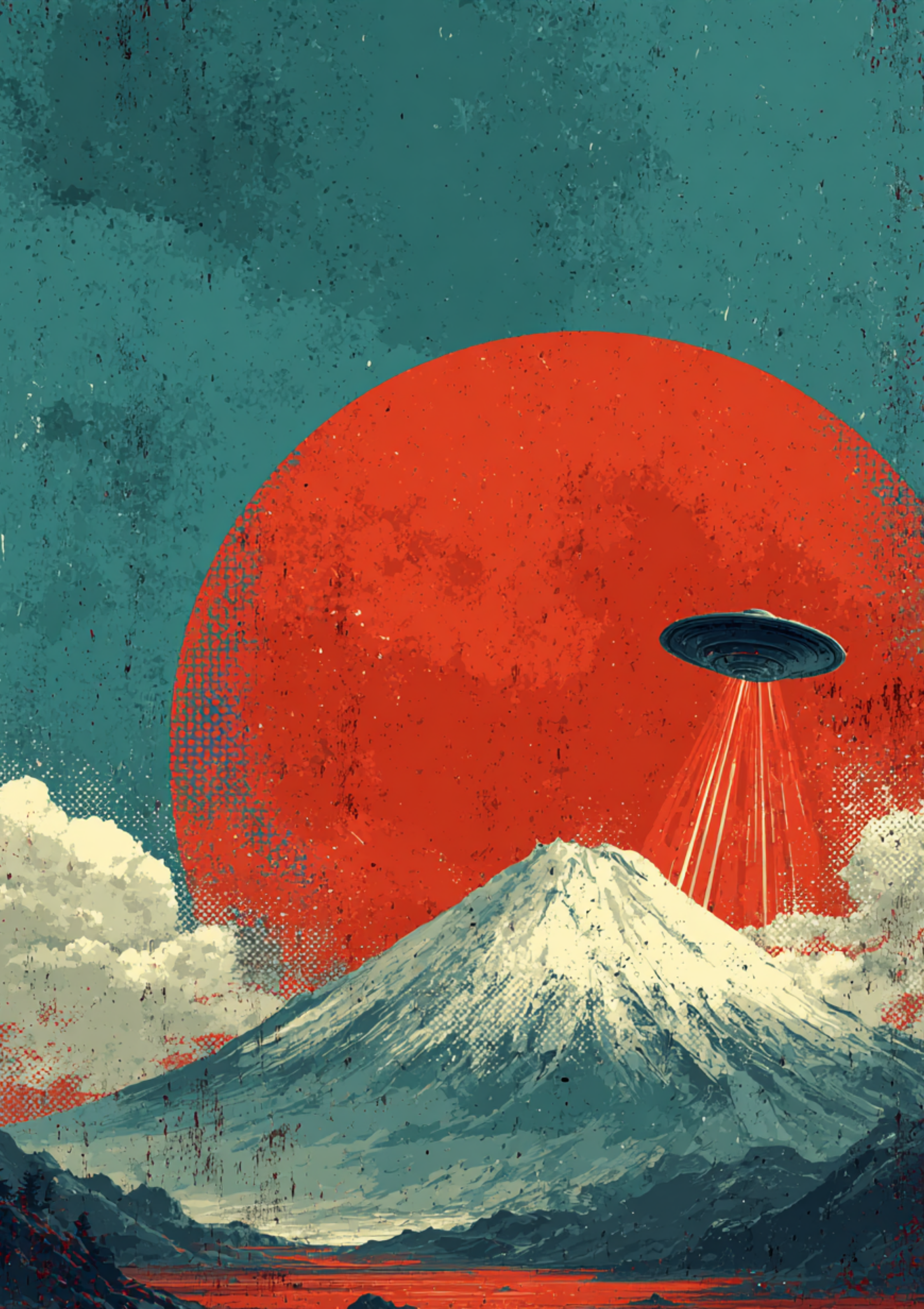 Retro sci-fi poster of UFO above Mount Fuji with red sun