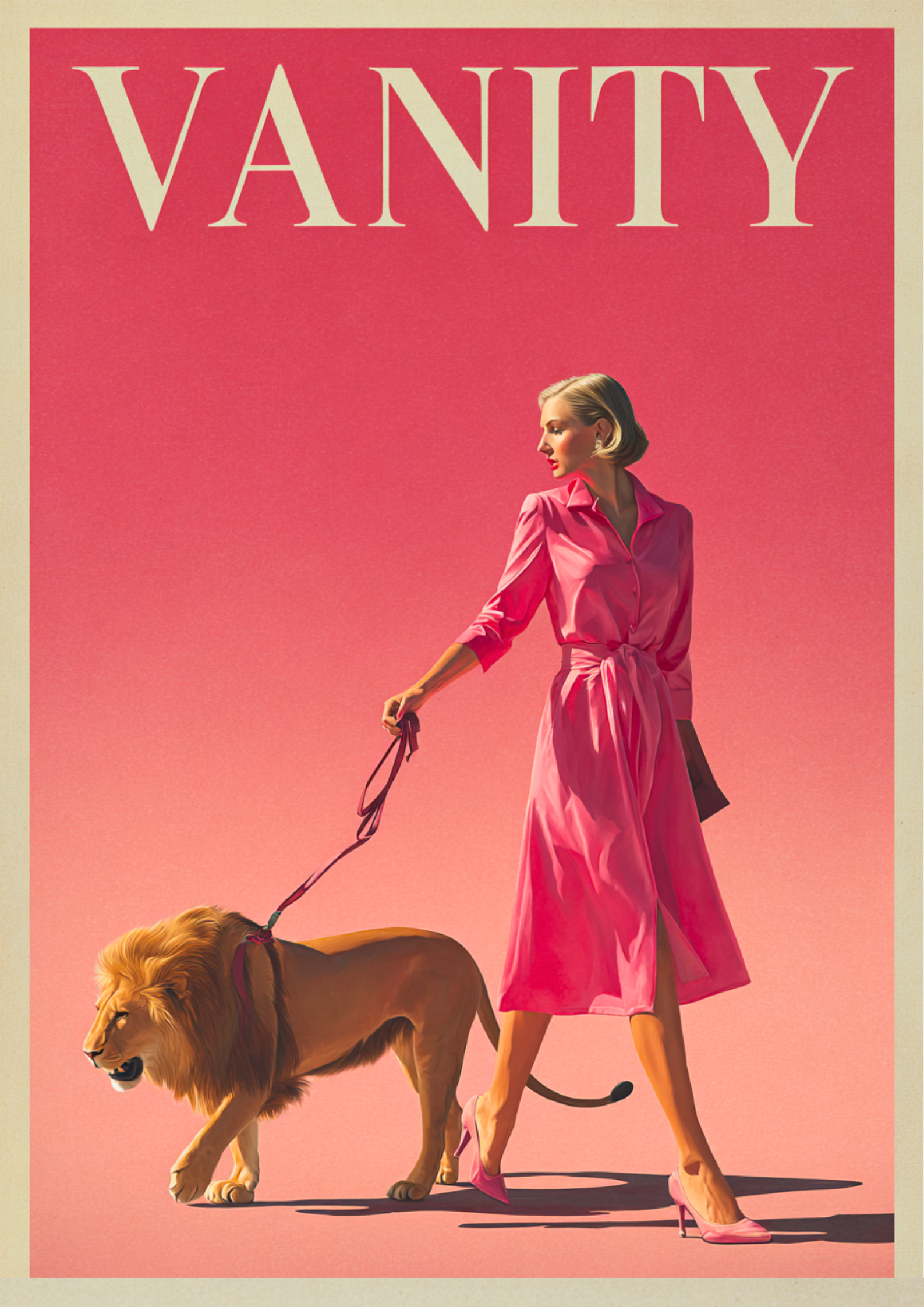 Retro artwork of a woman in pink dress walking a lion against pink background