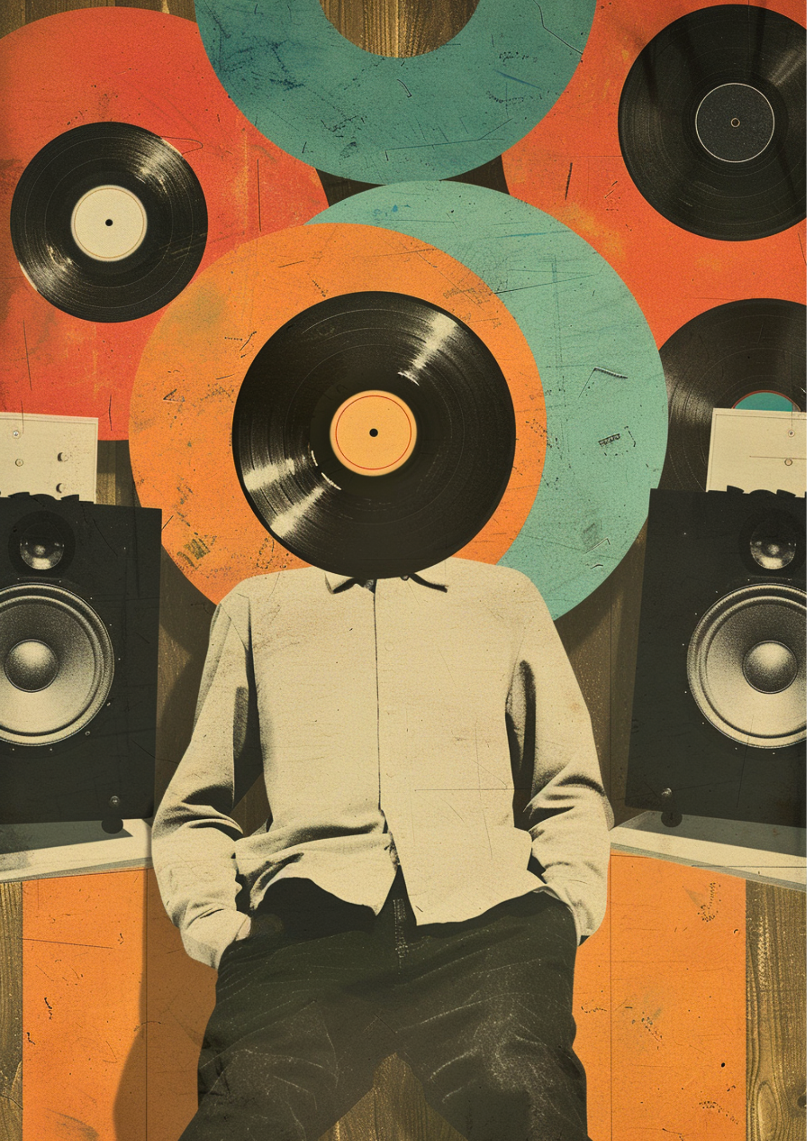 Retro artwork of a person with a vinyl record for a head surrounded by speakers and records
