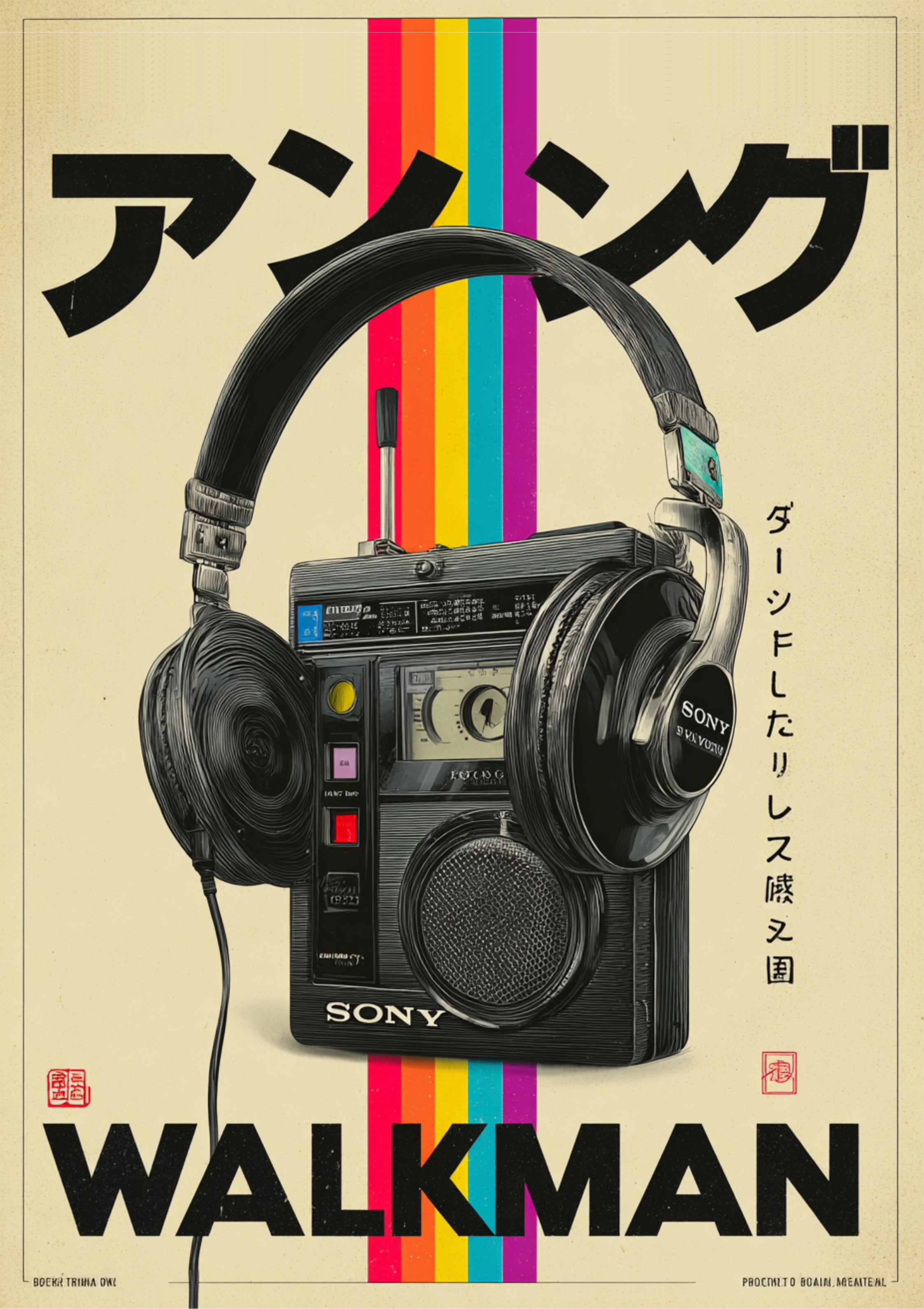Retro Japanese Walkman poster with headphones and rainbow stripes