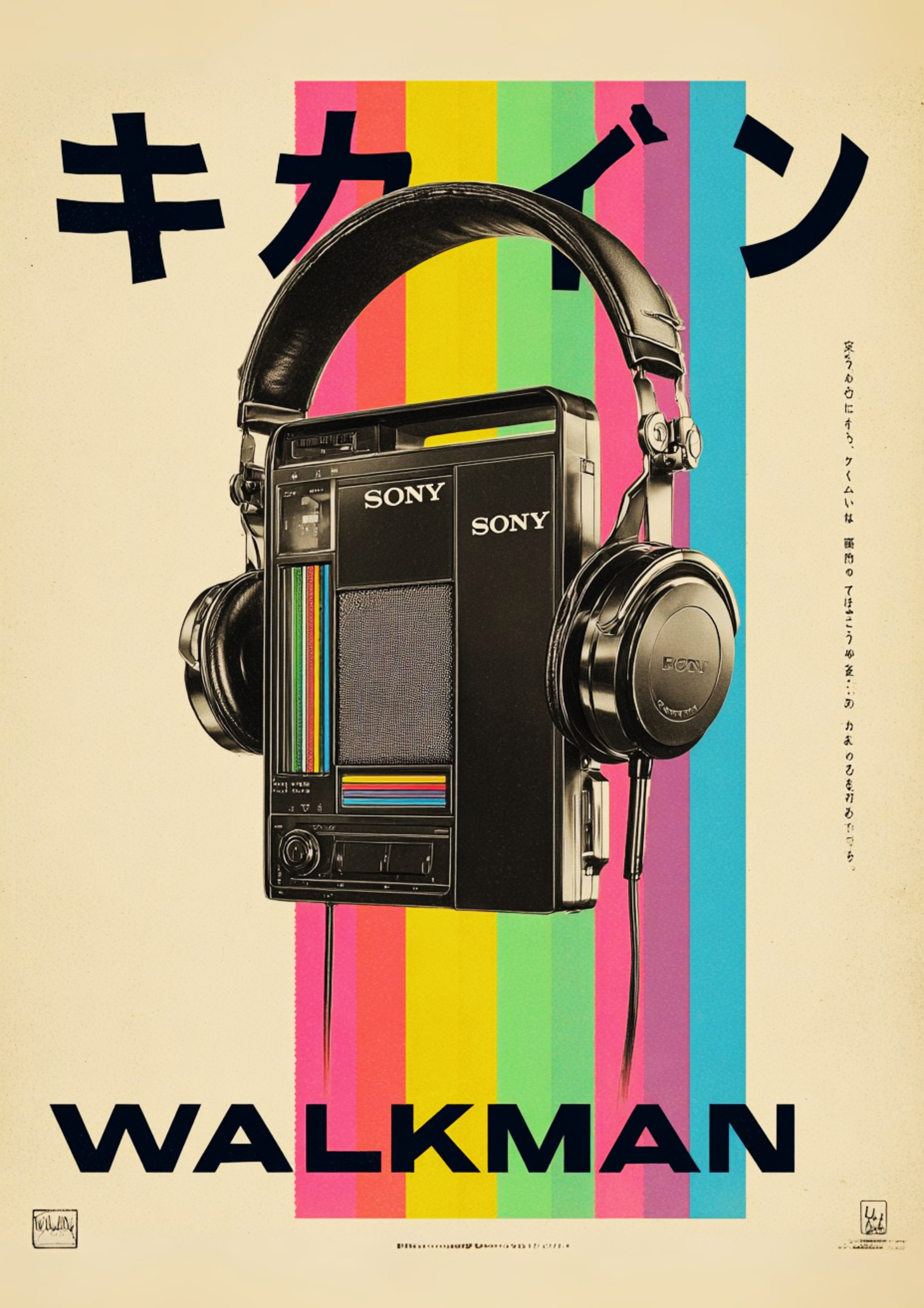 Retro Japanese Walkman poster with rainbow stripes and headphones