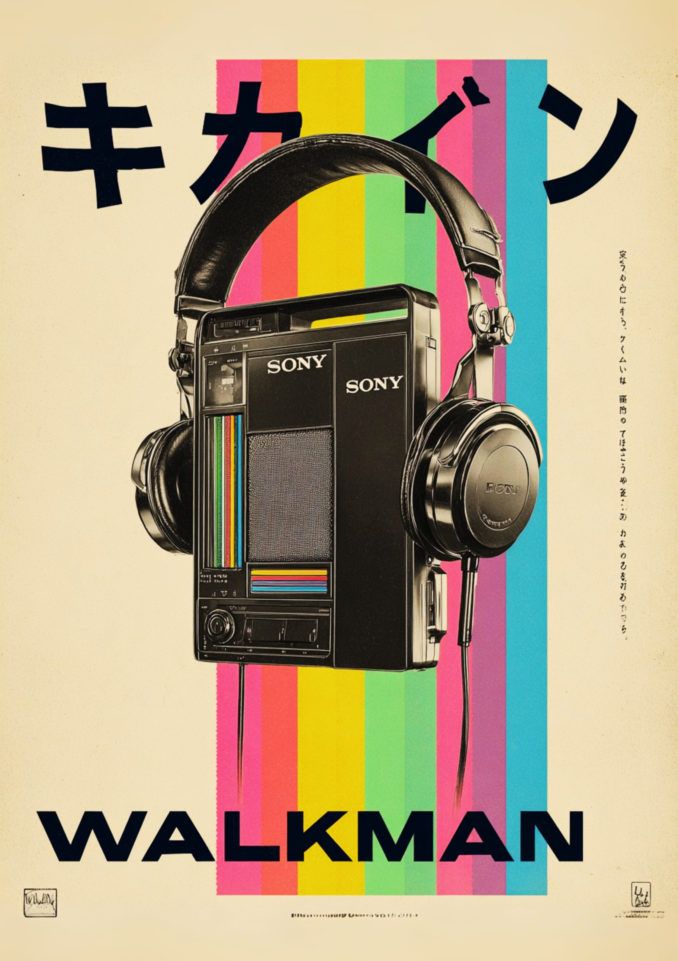 Retro Japanese Walkman poster with rainbow stripes and headphones