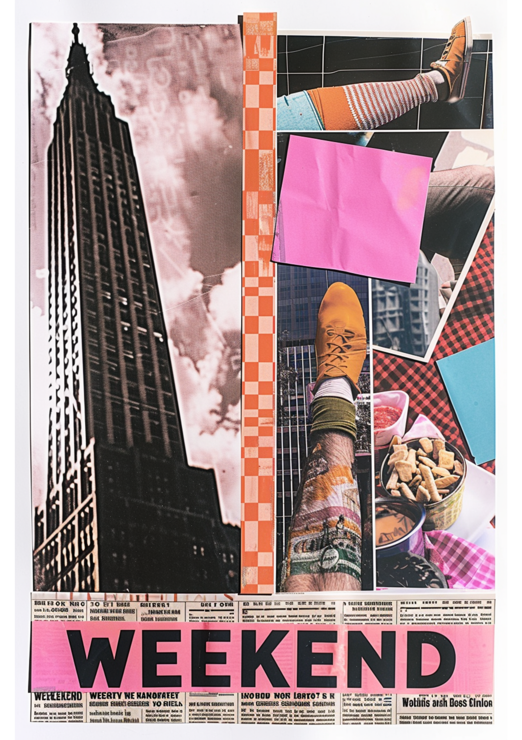 Retro collage poster with city skyline, bold colors, and weekend text