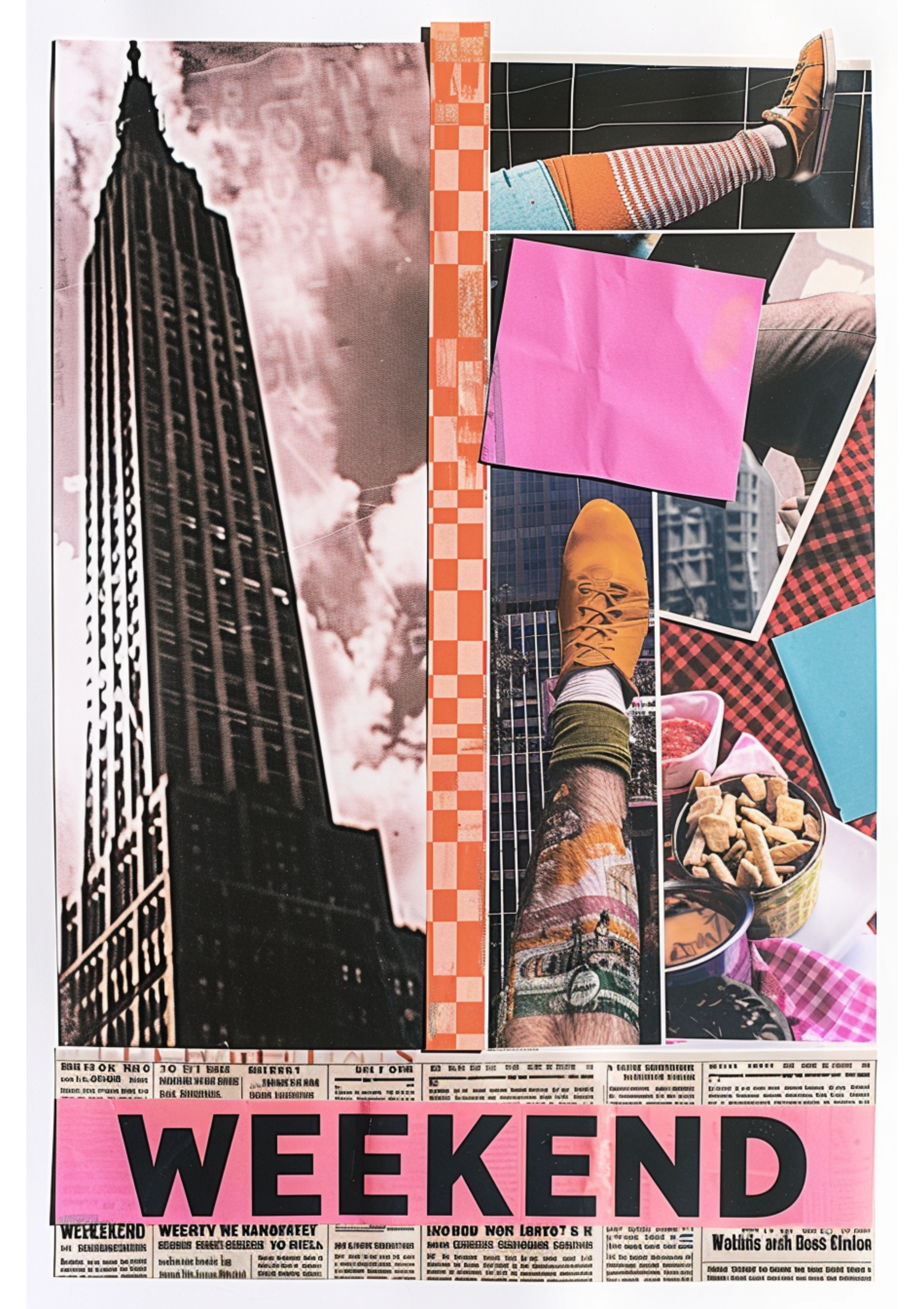 Retro collage poster with city skyline, bold colors, and weekend text
