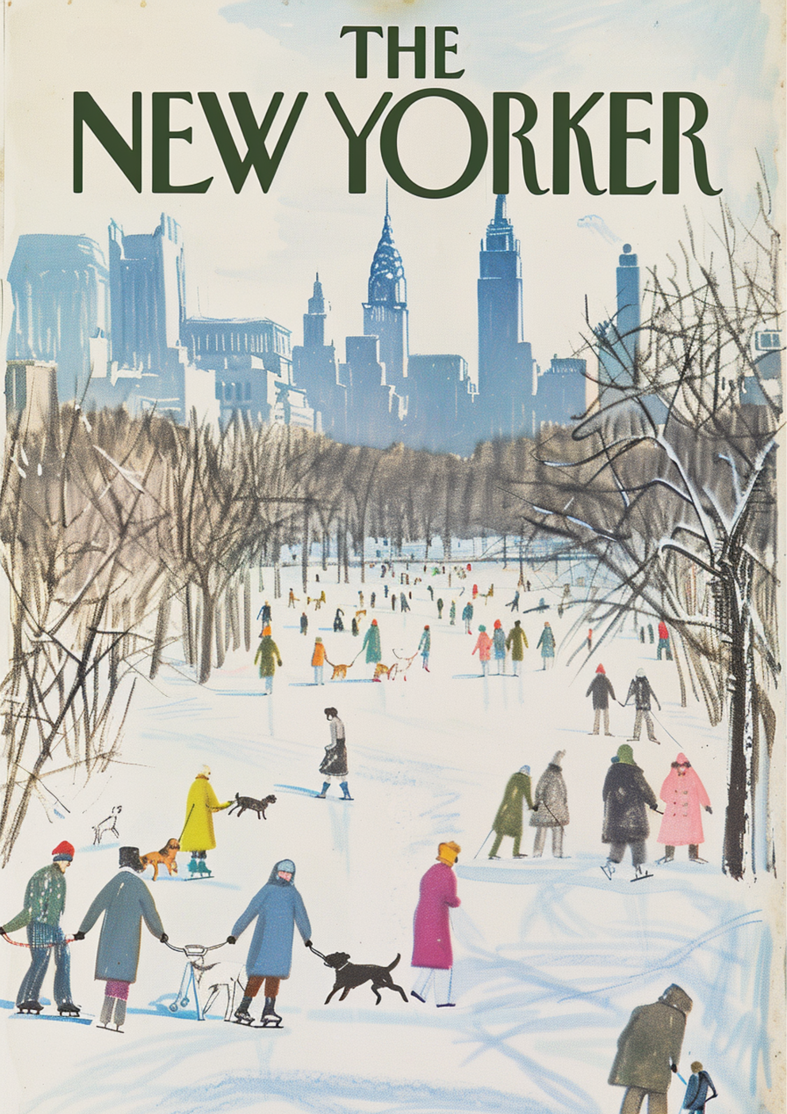 Retro New Yorker magazine cover of people skating and walking dogs in Central Park with New York skyline