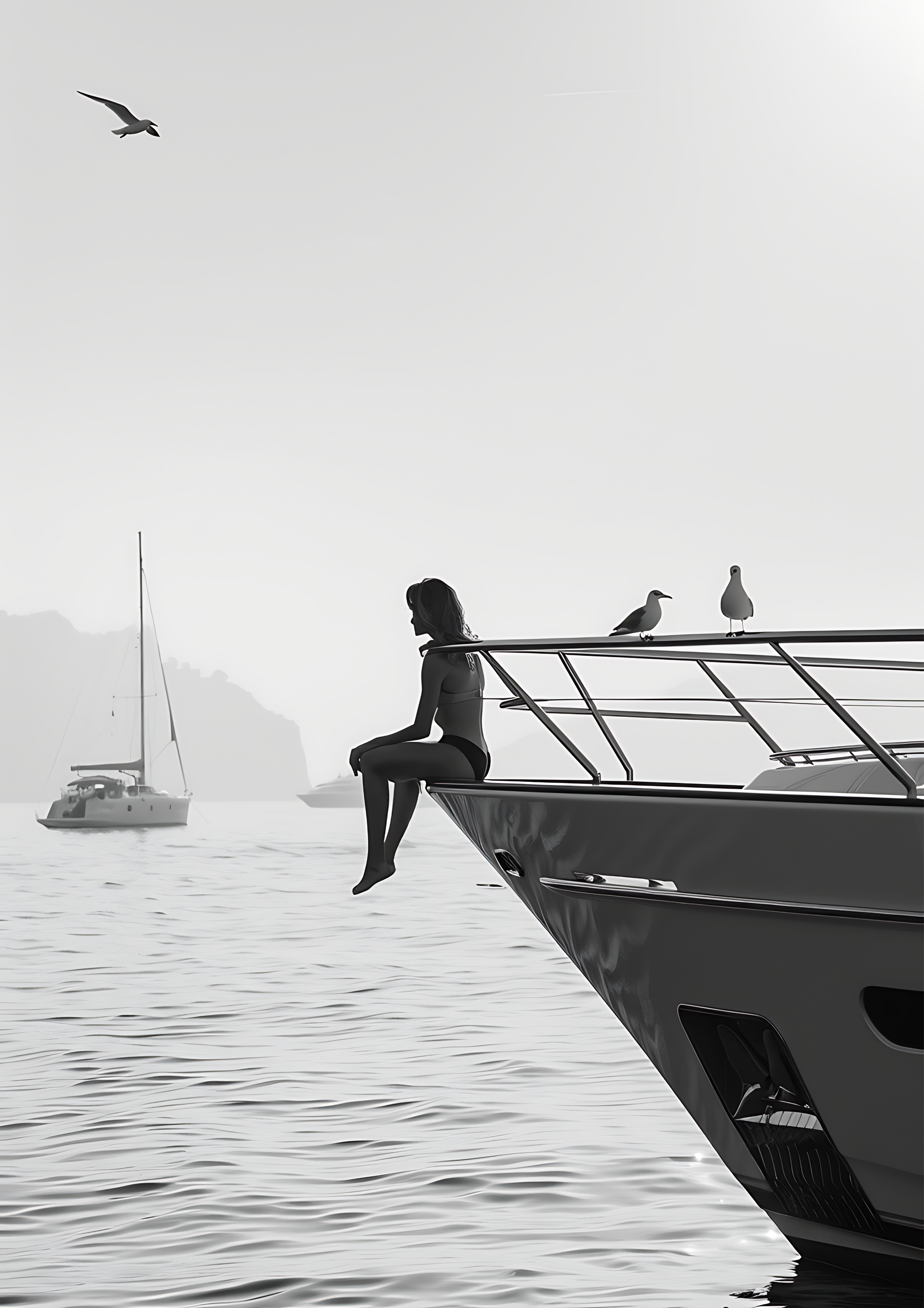 Black and white print of woman on yacht bow with seagulls and calm sea