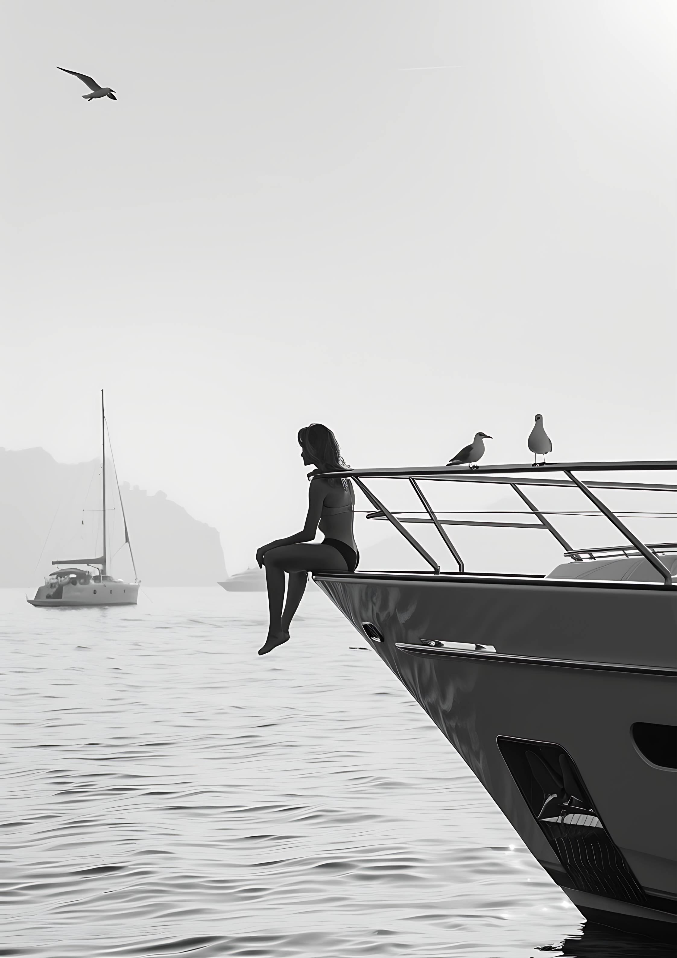 Black and white print of woman on yacht bow with seagulls and calm sea